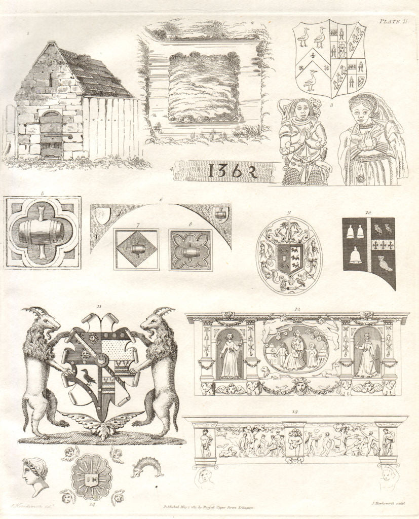 ISLINGTON PARISH. relics arms fireplaces of the parish 1362 1823 old print